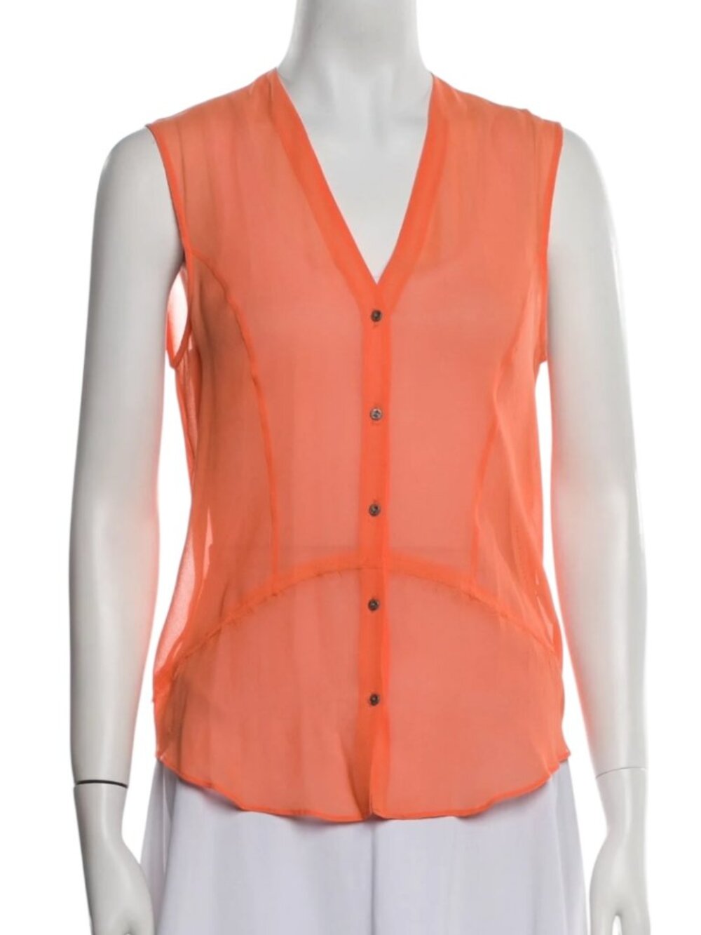 Helmut Lang Sheer Silk Sleeveless Blouse Neon Orange Button Front Top Size P